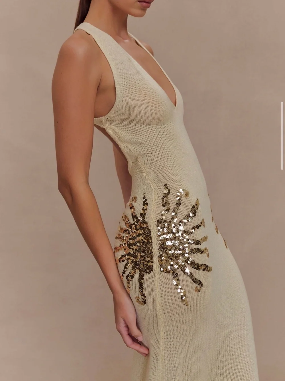 NWT! Meshki Cream Halter Maxi Dress with Sequin Sunburst Detail - Picture 3 of 3